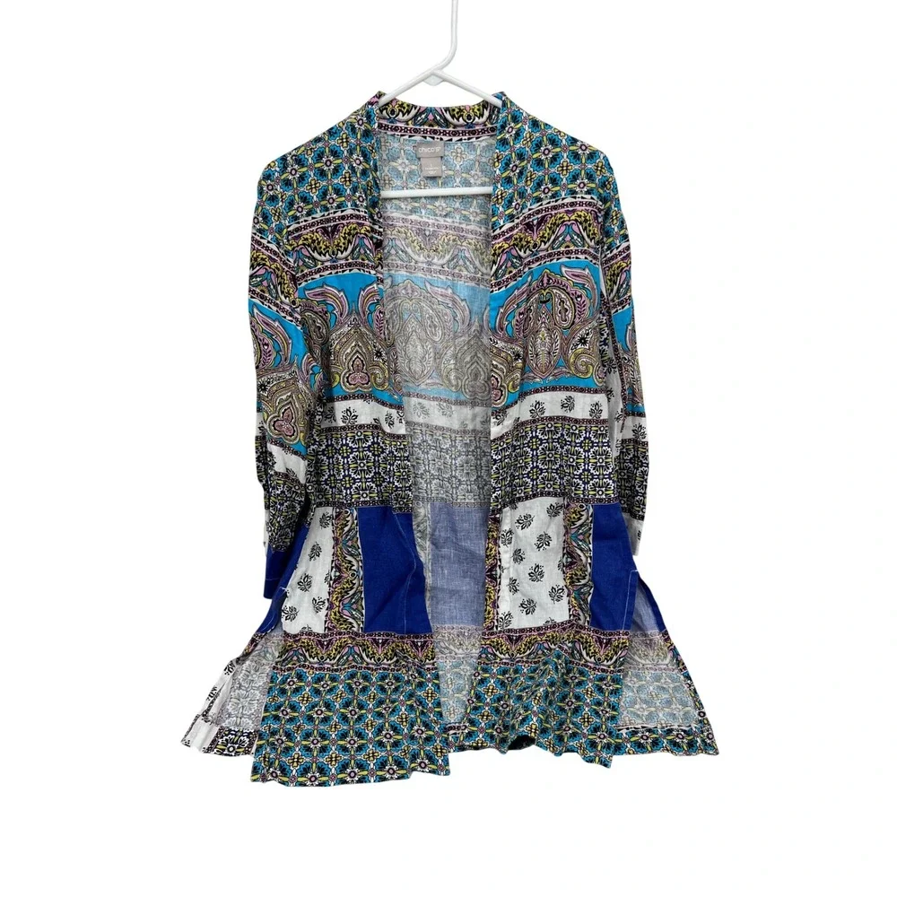 Chicos 100% Linen Paisley Patchwork Open Front Cardigan‎ Blue Size 1 US 8/10